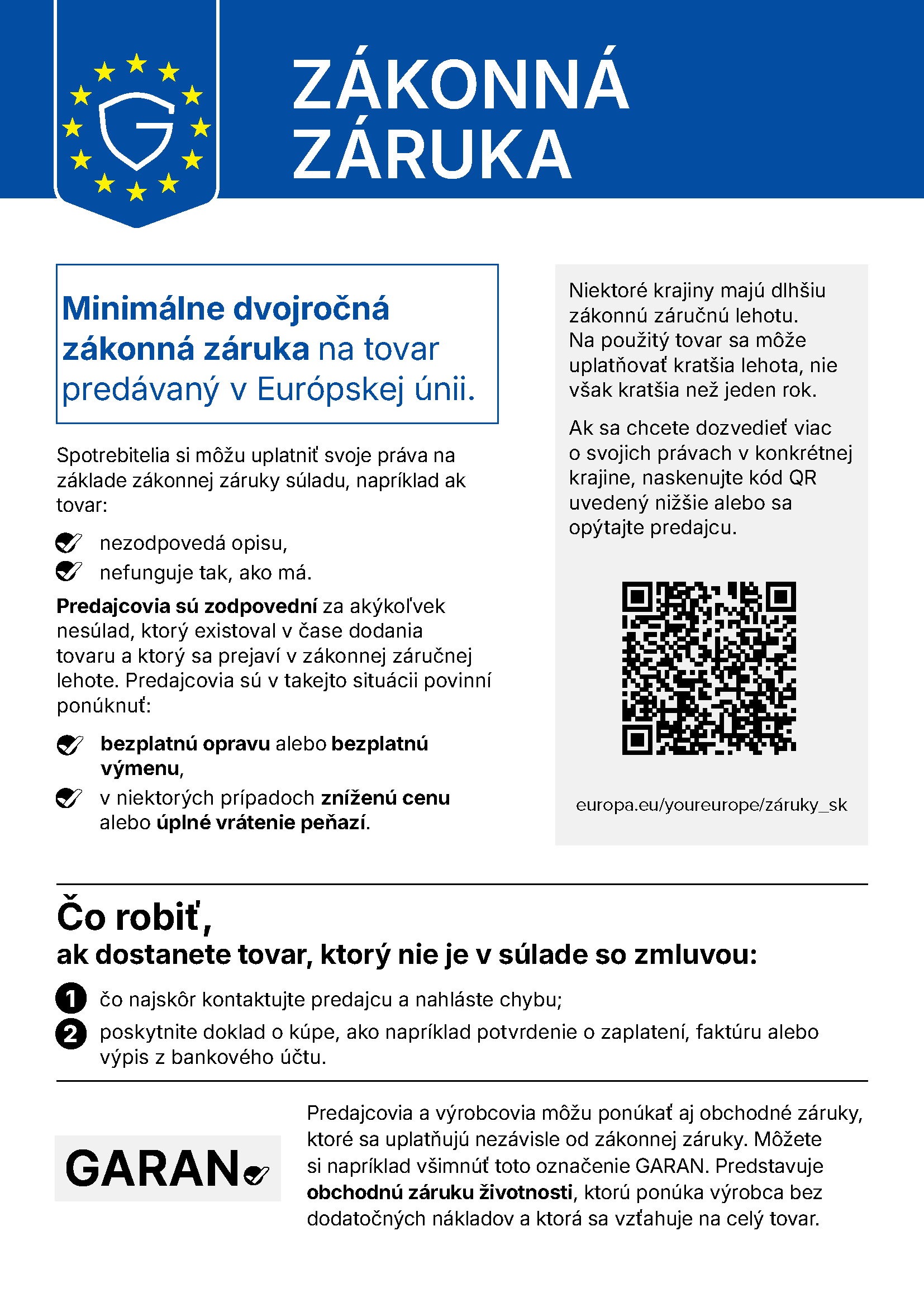 Zákonná záruka: harmonizované oznámenie Európskej únie o zodpovednosti za vady tovaru. Textová verzia je nižšie na stránke.